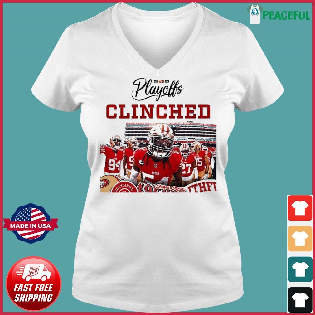 Official San Francisco 49ers Clinched The 2023 NFL Playoffs Shirt Ladies V-neck Tee.jpg