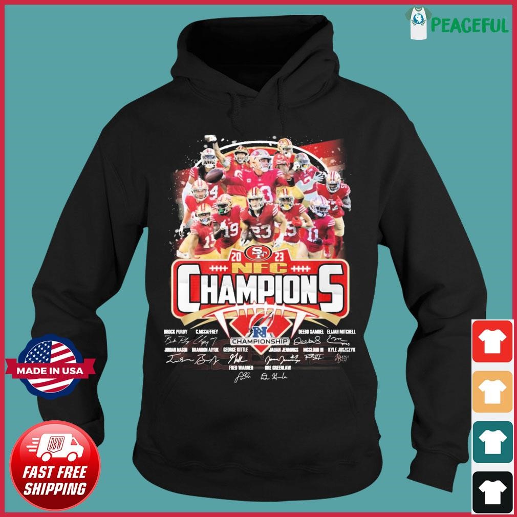 Niner 49ers Team Champions 2023 NFC Championship Signatures Shirt Hoodie.jpg