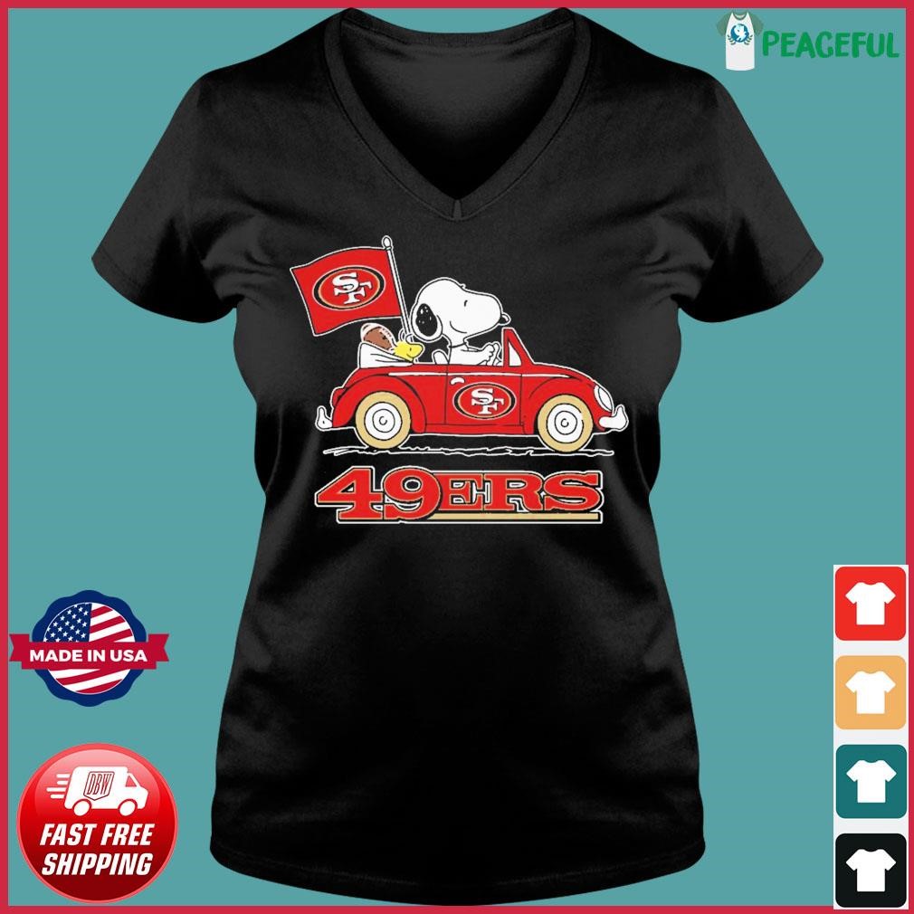 San Francisco 49ers X Peanuts Snoopy And Woodstock Drove Car Shirt Ladies V-neck Tee.jpg