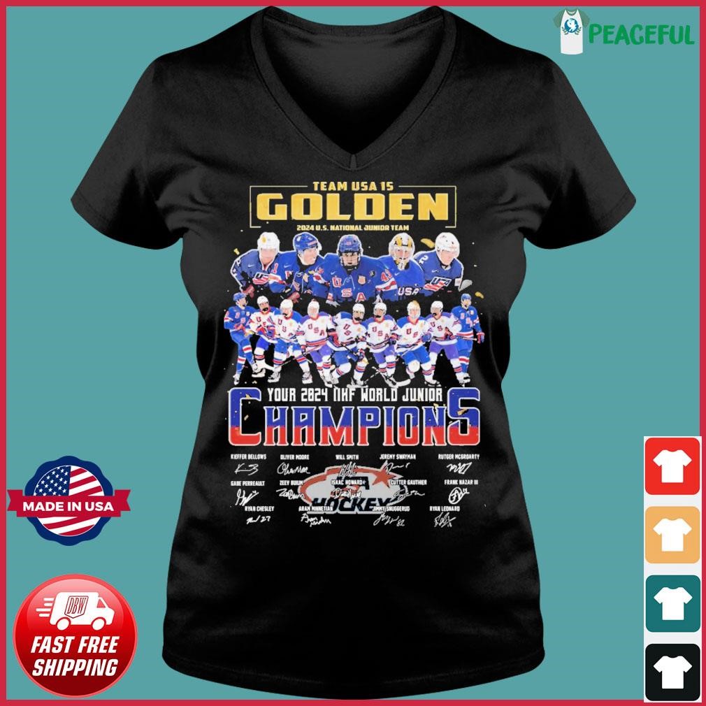 Team USA Is Golden Hockey 2024 IIHF World Junior Champions Signatures   Team USA Is Golden Hockey 2024 IIHF World Junior Champions Signatures Shirt Ladies V Neck Tee 