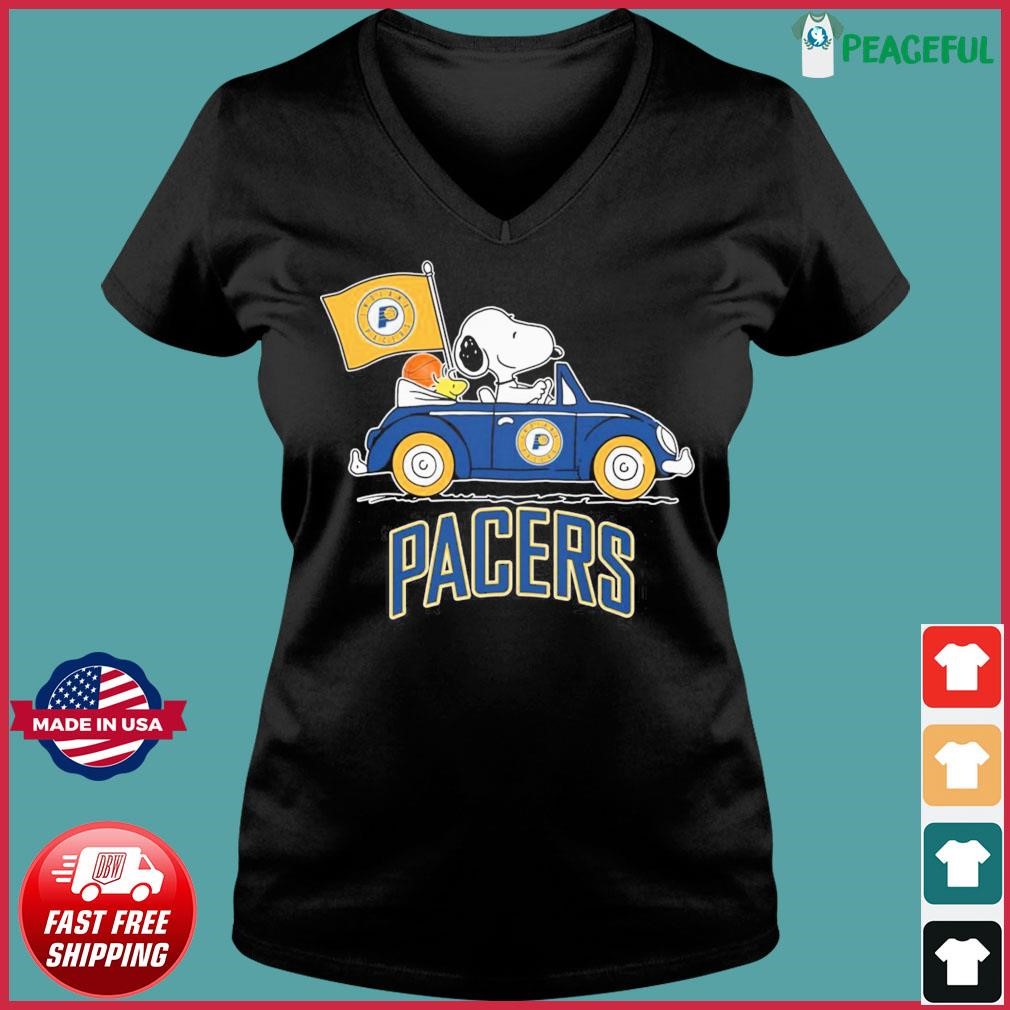 Peanuts Snoopy And Woodstock Drive car Indiana Pacers Basketball Shirt Ladies V-neck Tee.jpg