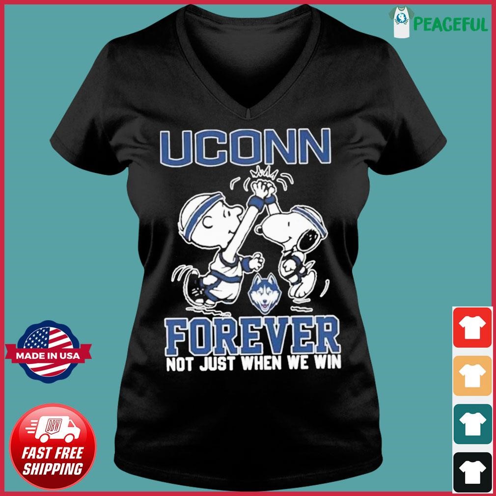 Peanuts Snoopy And Woodstock High Five Uconn Huskies On Car Forever Not Just When We Win Shirt Ladies V-neck Tee.jpg