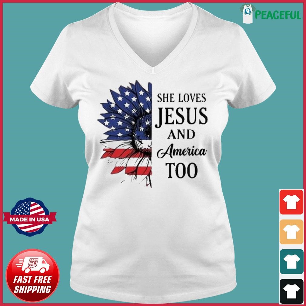 Women’s Independence Day She Loves Jesus and America Too Printed Shirt Ladies V-neck Tee.jpg
