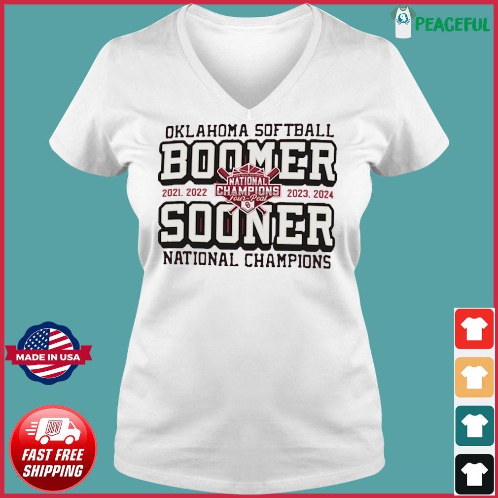 Oklahoma Sooners 2024 NCAA Softball Women’s College World Series Champions Boomer Sooner Ladies V-neck Tee.jpg