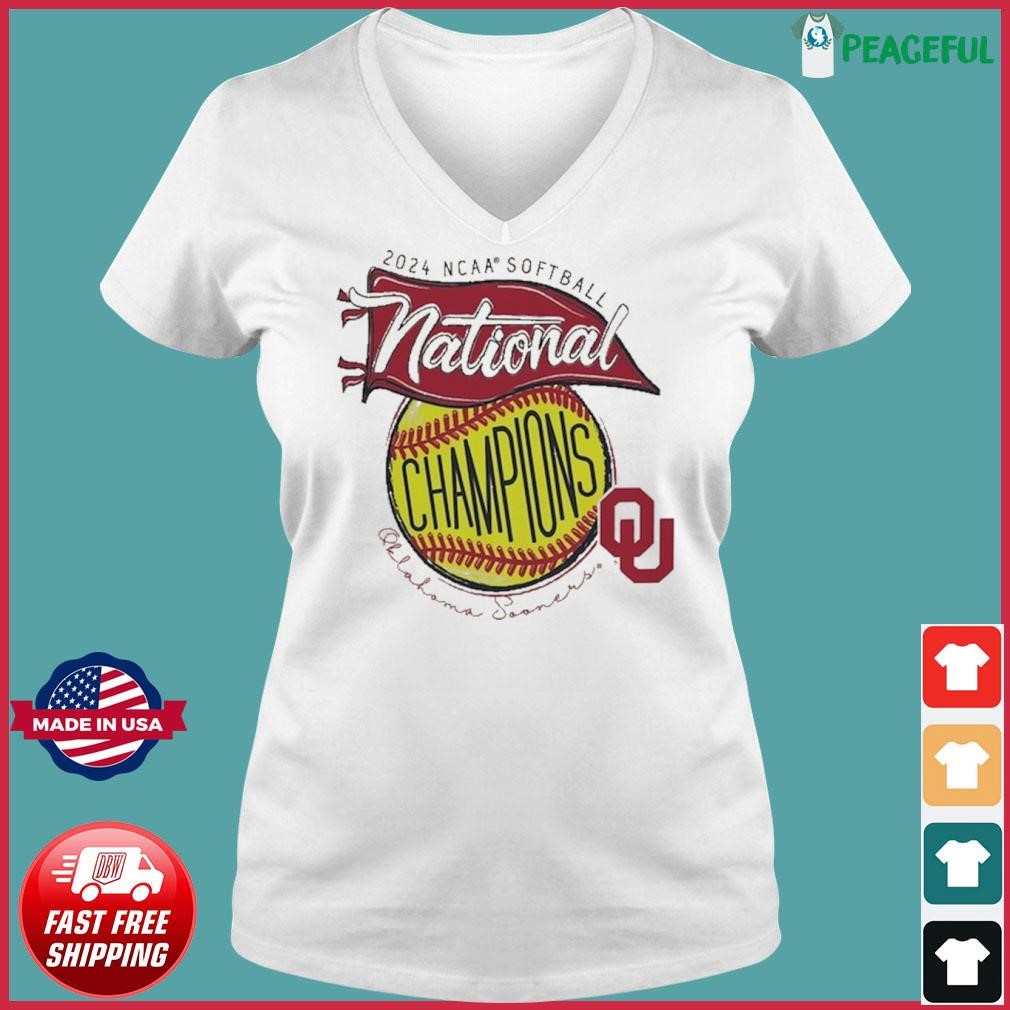 Oklahoma Sooners 2024 NCAA Softball Women’s College World Series National Champions Pennant Ladies V-neck Tee.jpg