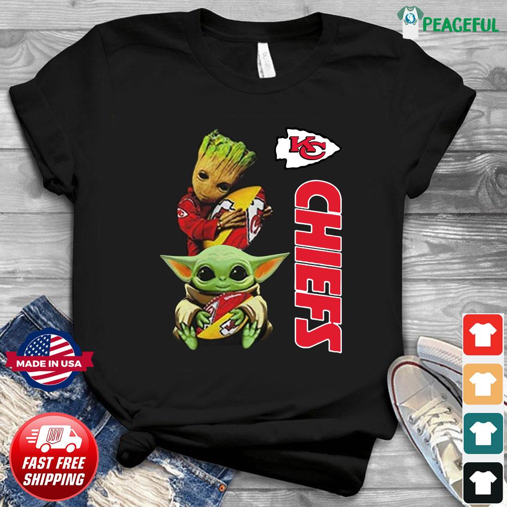 Baby Yoda And Baby Groot Hug Football Kansas City Chiefs Shirt